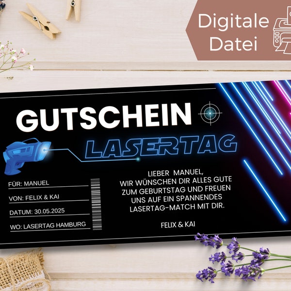 Gutschein Lasertag Vorlage zum Ausdrucken | Geschenkidee Zeit statt Zeug | Geschenkgutschein Laser Tag | Erlebnisgutschein