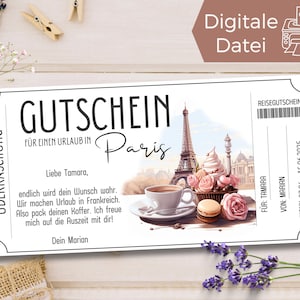 Reisegutschein Paris zum Ausdrucken | Gutschein Vorlage für eine Reise nach Frankreich | Urlaub in Paris | Geschenkgutschein Eifelturm