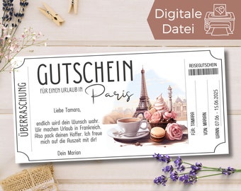 Travel voucher Paris to print | Voucher template for a trip to France | Holiday in Paris | Gift voucher Eiffel Tower