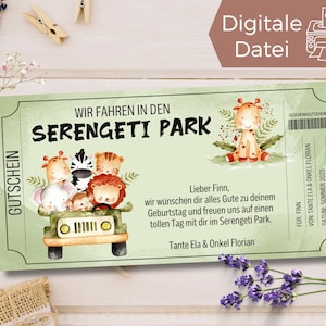 Szablon kuponu do parku Serengeti | Kupon na wizytę w zoo do wydrukowania | Bon do parku zwierząt do zaprojektowania | Bon podarunkowy