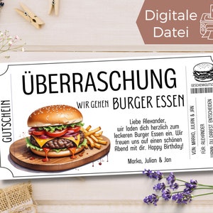 Gutschein Burger Essen Gehen Vorlage zum Ausdrucken zuhause | Gutschein Abendessen Burger House Restaurant zum Gestalten | Geschenkgutschein