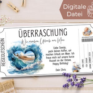 Travel voucher for a holiday by the sea | Voucher for a day at the beach template to print out | Gift voucher | Voucher template beach holiday