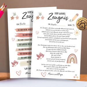 Op de afbeelding: Twee witte papieren certificaten met de titel "Dein Wahres Zeugnis" met Duitse tekst, versierd met pastelkleurige illustraties van bloemen, een potlood, een vogel, een zon en een regenboog. Een gouden "Sofort Download" icoon is zichtbaar.