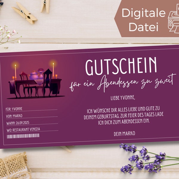 Voucher dinner for two | Eating Out Template | Restaurant visit voucher to print out | Gift voucher to design