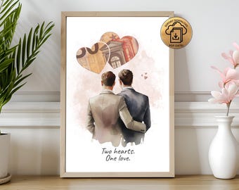 May include: A framed art print featuring a watercolor illustration of two figures embracing, with two heart-shaped designs above them. The hearts contain architectural elements. The text "Two hearts. One love." is at the bottom.