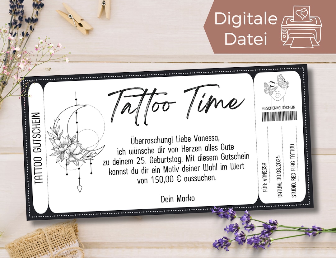Tattoo Gutschein Vorlage Tattoogutschein zum Ausdrucken Gutschein zum