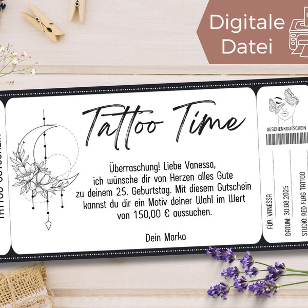 Plantilla de vale para tatuajes | Vale para tatuajes imprimible | Cupón de tatuaje | Vale de Tatuaje para Diseñar | tarjeta de regalo