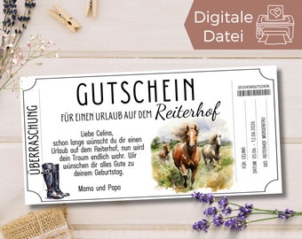 Gutschein Urlaub auf Reiterhof Vorlage zum Ausdrucken | Geschenkidee Reitstunden | Geschenkgutschein Reiterurlaub