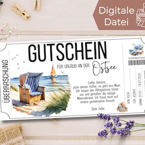 Travel voucher for a beach chair holiday on the Baltic Sea | Voucher for a day at the beach template to print | Gift voucher | Travel voucher