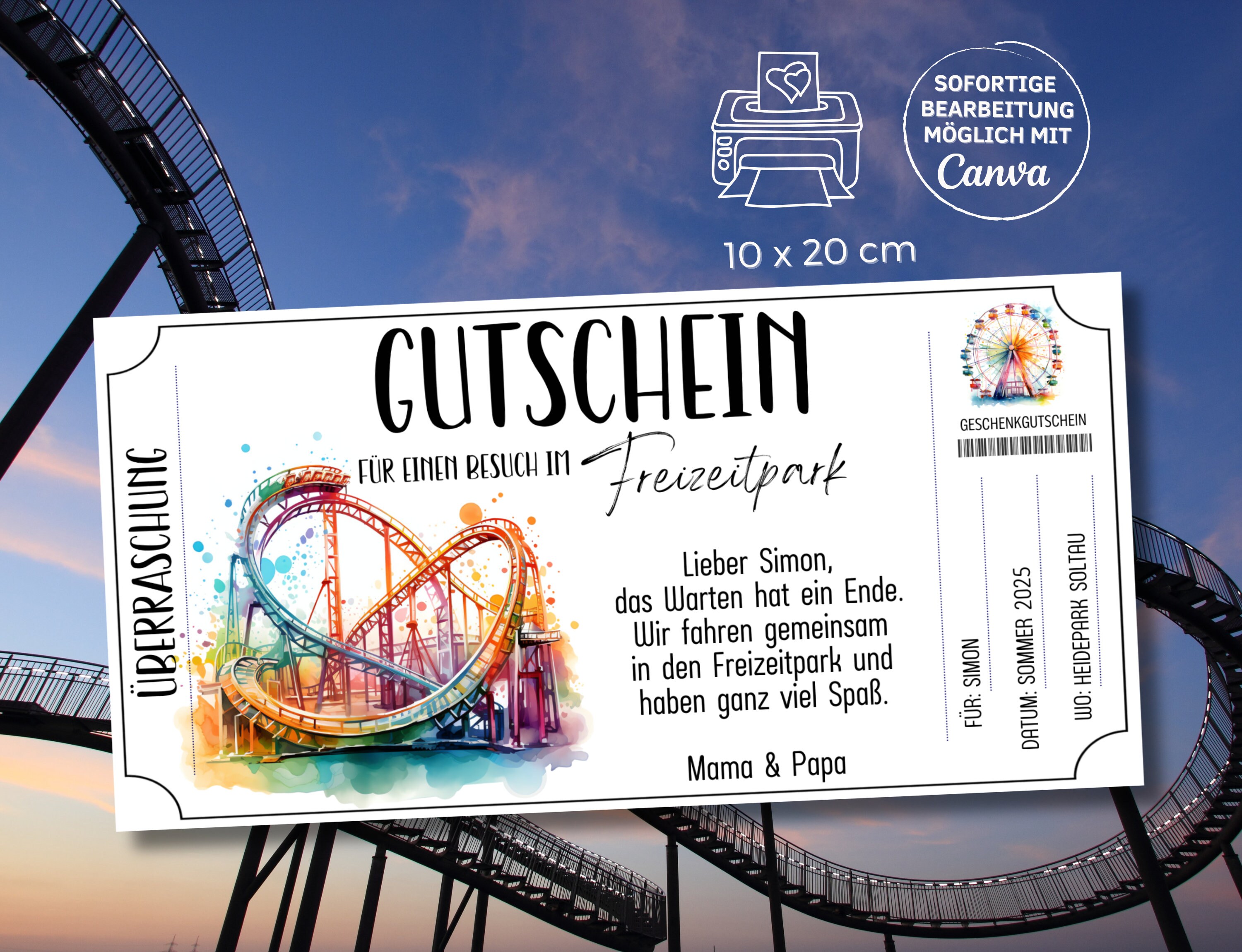 Gutschein Freizeitpark Besuch Vorlage Achterbahn zum Ausdrucken