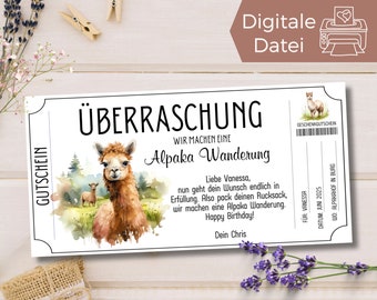 Voucher alpaca hike template to print out | Gift voucher to design | Alpaca hike experience voucher