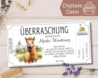 Modello di voucher per escursione con gli alpaca da stampare | Buono regalo da progettare | Buono per l'esperienza di escursione con gli alpaca
