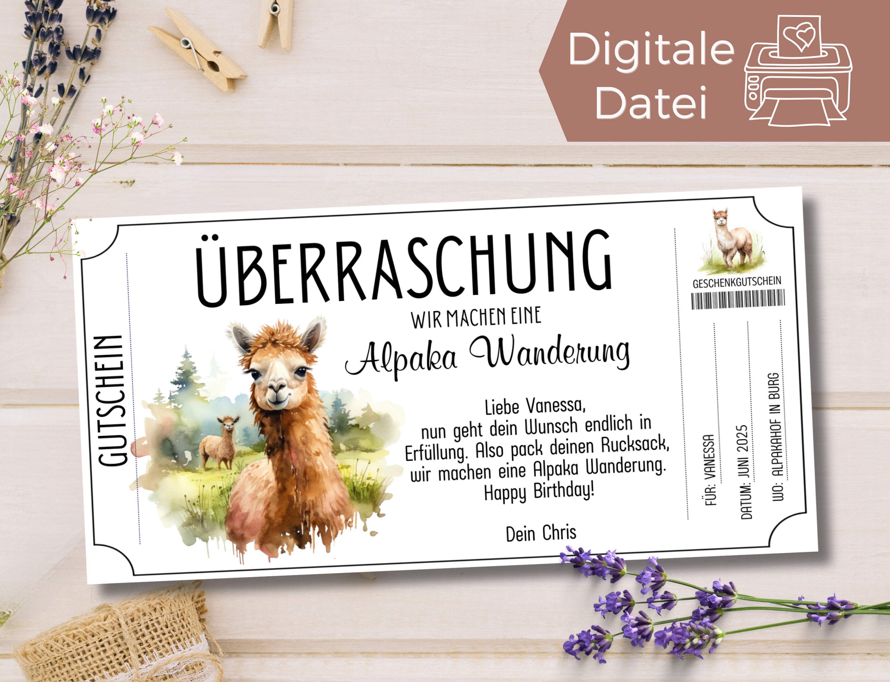 Gutschein Alpaka Wanderung Vorlage zum Ausdrucken Geschenkgutschein zum