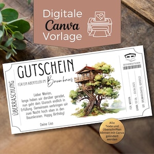 Könnte beinhalten: Ein weißer Gutschein mit dem Text "GUTSCHEIN" und "FÜR EIN ABENTEUER IM Baumhaus". Der Gutschein zeigt eine Aquarellillustration eines Baumhauses und die Worte "Happy Birthday!"