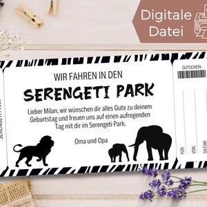 Szablon kuponu do parku Serengeti | Kupon na wizytę w zoo do wydrukowania | Bon do parku zwierząt do zaprojektowania | Bon podarunkowy