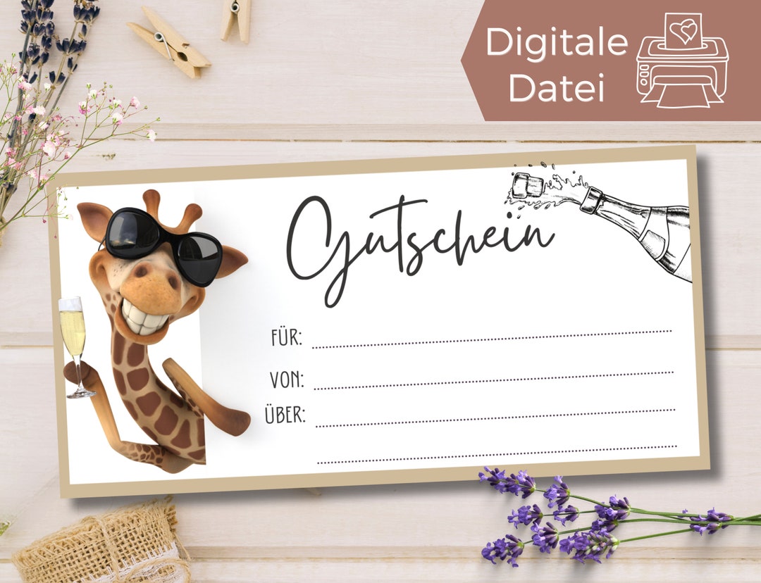 Voucher Template Giraffe With Champagne Glass Universal Etsy