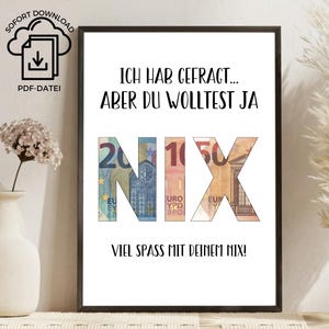 May include: A framed print with German text, including "ICH HAB GEFRAGT... ABER DU WOLLTEST JA NIX". The word "NIX" is formed from images of Euro banknotes. The print also features the text "VIEL SPASS MIT DEINEM NIX!"
