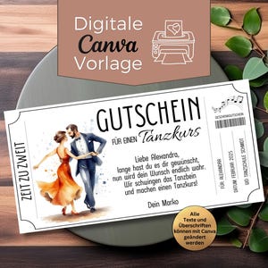 Puede incluir: Un vale de regalo blanco con el texto "GUTSCHEIN FÜR EINEN Tanzkurs" y una ilustración de acuarela de una pareja bailando. El vale incluye el texto "Zeit zu Zweit" y "Digitale Canva Vorlage".