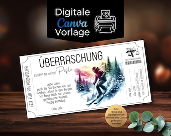 Skiing voucher template | Printable ski holiday gift voucher | Experience voucher for ski courses in winter | Gift idea for men