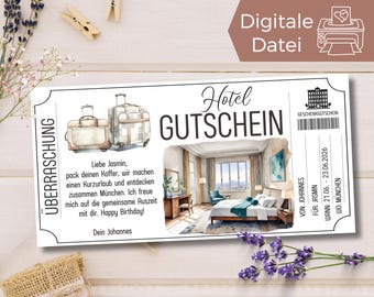 Travel voucher hotel overnight stay | Voucher hotel booking template for printing | Short break | Hotel stay | Hotel reservation suitcase