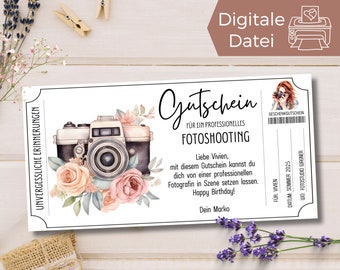 Voucher fotoshoot sjabloon | Voucher om uit te printen | Cadeau-idee onvergetelijke herinnering | Cadeaubon voor fotograferende fotograaf