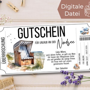Travel voucher beach chair holiday on the North Sea | Voucher for a day at the beach template to print out | Gift voucher | Travel voucher