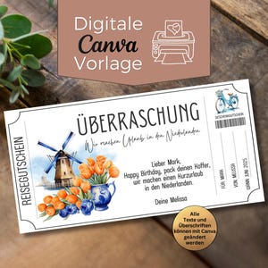 Könnte beinhalten: Ein weißer Geschenkgutschein mit dem Text "ÜBERRASCHUNG" und einer Aquarellillustration einer Windmühle, Tulpen und Blaubeeren. Der Gutschein enthält den Text "Happy Birthday, pack deinen Koffer, wir machen einen Kurzurlaub in den Niederlanden."