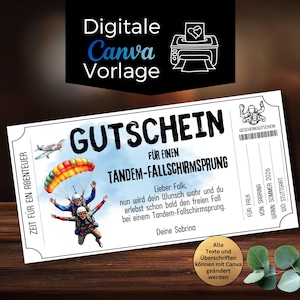 Puede incluir: Un vale de regalo blanco con texto negro e ilustraciones, para un salto en paracaídas tándem. El vale incluye el texto "Zeit für ein Abenteuer" y "Gutschein für einen Tandem-Fallschirmsprung." Es una plantilla digital de Canva.
