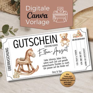 Op de afbeelding: Een witte cadeaubon met de tekst "GUTSCHEIN" en "Eltern-Auszeit" in het zwart. Het bevat illustraties van een schommelpaard, een teddybeer en bouwstenen. De tekst "Digitale Canva Vorlage" staat bovenaan.