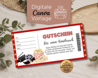 May include: A red movie ticket gift certificate with the text "GUTSCHEIN für einen Kinobesuch". The ticket includes a popcorn bucket, film reel, and a clapperboard. The top of the ticket has the words "Digitale Canva Vorlage".