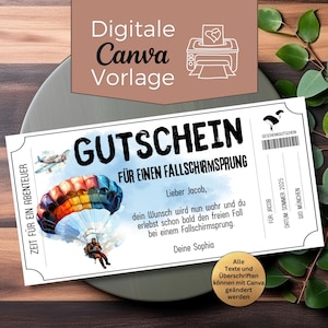 Może przedstawiać: Biały bon upominkowy z niemieckim tekstem "GUTSCHEIN FÜR EINEN FALLSCHIRMSPRUNG" i kolorową ilustracją spadochronu. Bon jest przeznaczony na skok ze spadochronem.