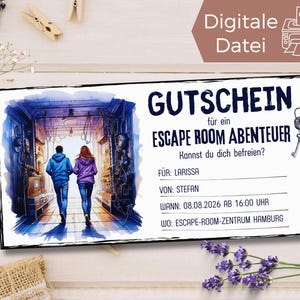 Gutschein Vorlage Escape Room Erlebnis zum Ausdrucken | Geschenkgutschein Rätsel Abenteuer | Erlebnisgutschein für Freunde Escaperoom