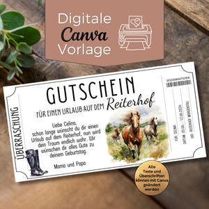 Può includere: Un buono regalo bianco con testo nero e un'immagine ad acquerello di cavalli. Il certificato recita "GUTSCHEIN" e "FÜR EINEN URLAUB AUF DEM Reiterhof". L'angolo in alto a destra ha un codice a barre. L'angolo in alto a sinistra ha un disegno di uno stivale da equitazione.