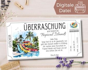 Voucher Tropical Islands swimming pool template to print | Gift idea go swimming | Gift voucher short vacation