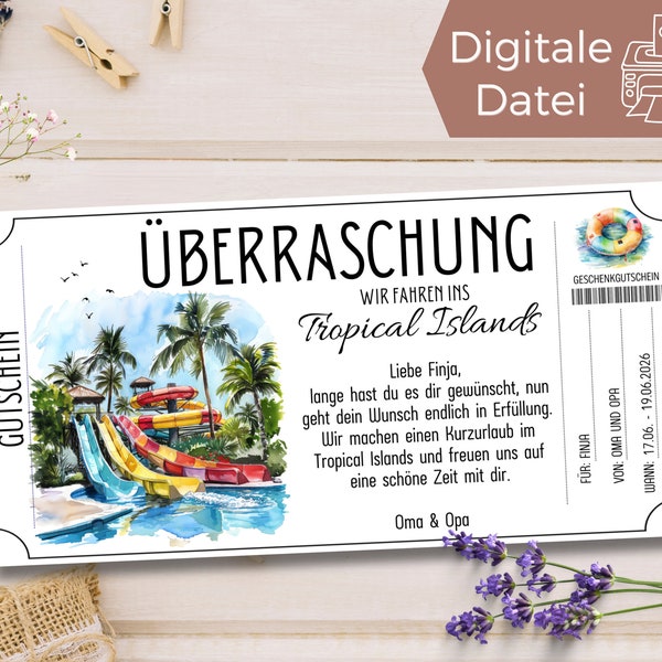 Voucher Tropical Islands swimming pool template to print out | Gift idea for going swimming | Gift voucher for a short break