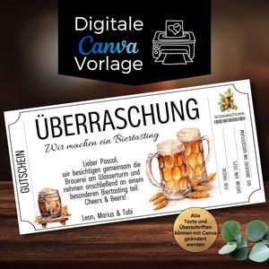 Op de afbeelding: Een digitale Canva-sjabloon voor een cadeaubon voor bierproeverijen. Het ontwerp toont twee bierpullen, een houten vat en tekst in het Duits. De bon bevat de tekst "ÜBERRASCHUNG" en "Cheers & Beers!"