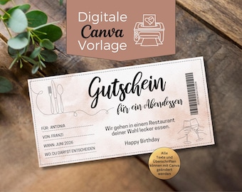 Printbaar sjabloon voor een dinerbon voor thuisgebruik | Dinerbon | Aanpasbare restaurantbon | Cadeaubon