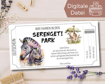 Serengeti Park voucher template | Zoo visit voucher to print | Animal park voucher to design | Gift voucher
