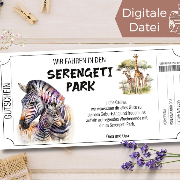 Gutschein Serengeti Park Vorlage | Gutschein Zoobesuch zum Ausdrucken | Gutschein Tierpark zum Gestalten | Geschenkgutschein