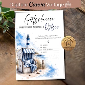 Może przedstawiać: Cyfrowy szablon bonu upominkowego z akwarelową ilustracją niebiesko-białego leżaka plażowego i latarni morskiej nad morzem. Tekst brzmi Gutschein für einen Urlaub an der Ostsee, z pustymi liniami na imiona, daty i miejsce.