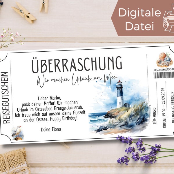 Reisegutschein Urlaub am Meer | Gutschein für eine Reise Vorlage | Gutschein zum Ausdrucken  | Geschenkgutschein Leuchtturm | Reisegutschein