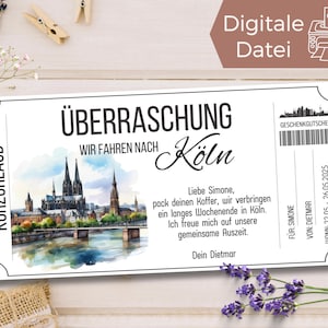 Reisegutschein Köln | Gutschein Vorlage für einen Kurzurlaub | Gutschein zum Ausdrucken | Geschenkgutschein Urlaub Städtetrip | Kölner Dom
