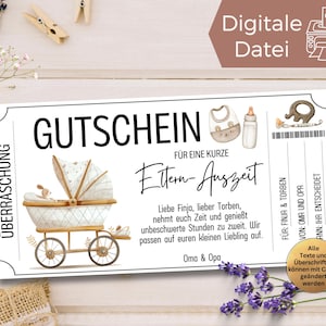 Gutschein Eltern Auszeit Vorlage zum Ausdrucken | Geschenkgutschein Babysitting zum Gestalten | Gutscheinvorlage für Eltern | Geburt Baby