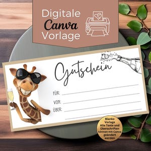 Puede incluir: Un vale de regalo digital de la plantilla Canva con una jirafa de dibujos animados con gafas de sol y una copa de champán. El certificado incluye campos para el destinatario, el remitente y los detalles, con el texto "Gutschein" y "Digitale Canva Vorlage".