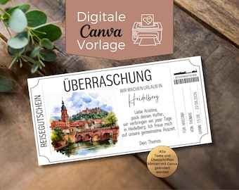 Printable travel voucher for Heidelberg | Voucher template for a short break | Gift voucher for a city break in Baden-Württemberg