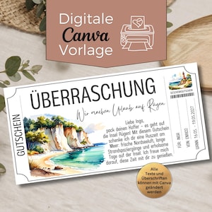 May include: A white gift voucher with the text "ÜBERRASCHUNG" and "Wir machen Urlaub auf Rügen". The voucher features a watercolor illustration of a coastal landscape with cliffs and a beach. The text "Digitale Canva Vorlage" is also present.