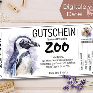 Szablon kuponu na wizytę w zoo pingwin | Voucher na wycieczkę do zoo do wydrukowania | Bon do parku zwierząt do zaprojektowania | Bon podarunkowy