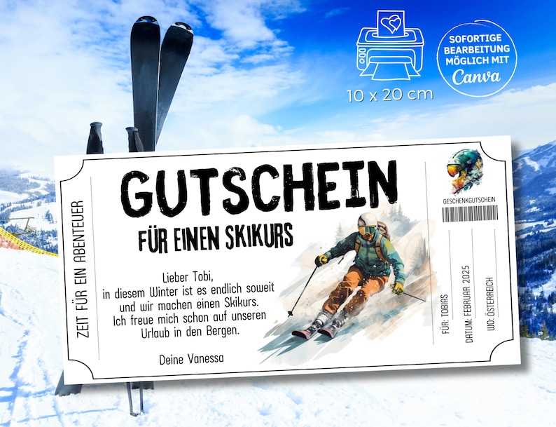 Gutschein Vorlage Ski fahren Geschenkgutschein Skiurlaub Abenteuer