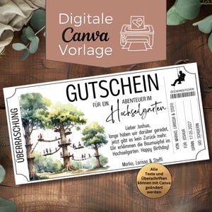 May include: A white gift voucher with the text "GUTSCHEIN" and "ABENTEUER IM Hochseilgarten". The voucher features a watercolour illustration of a tree adventure park. The text "Digitale Canva Vorlage" is at the top.