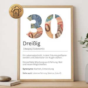 May include: A framed print featuring the number "30" composed of currency imagery, with the German word "Dreißig" below. The print includes a definition and synonyms. The wooden framed print is displayed on a wooden surface.